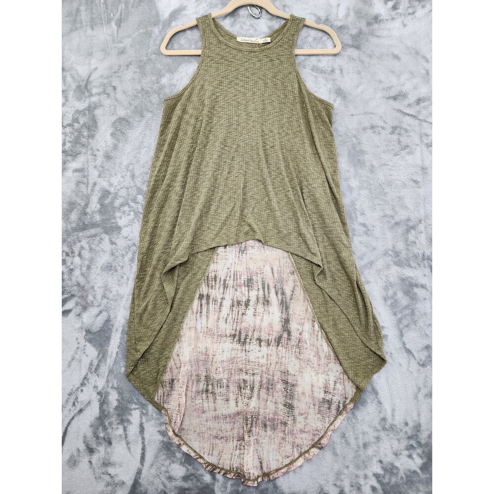 NEW Liberty Love Top Womens M Green Rib Knit Tank High Low Hem Buttons Chiffon